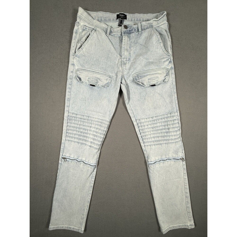 Forever 21 Men Light Wash Moto Biker Cargo Jeans Zipper Accent Size 32.  #0021